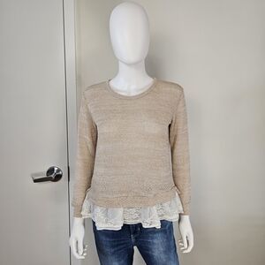 Clu + Willoughby Anthro Light Tan Knit Long Sleeve Blouse w/ Lace Details Sz XS